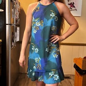 Floral Blue and Green Sheath Dress